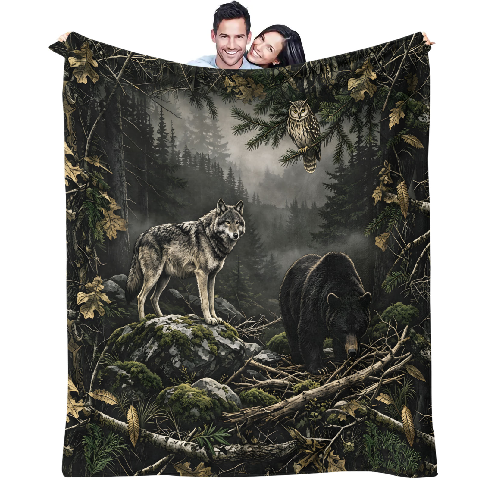 Hunting And Camping In Forest - Couverture en flanelle motif loup, ours,